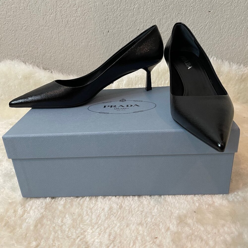 Prada Vernice Saffiano Pointe pump in Nero black, Size 11.5B US 41.5B EU